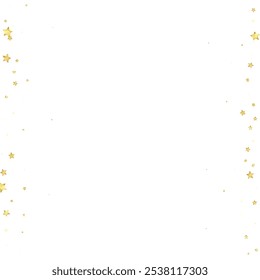 Magische sterren vectorbedekking.  Gouden sterren verspreidden zich willekeurig, vielen naar beneden, zweven.  Chaotische dromerige kinderlijke overlay sjabloon. Vector sprookje op witte achtergrond.