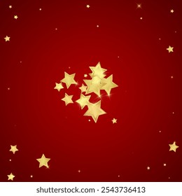 Superposición de Vector de estrellas mágicas.  Estrellas de oro esparcidas al azar, cayendo, flotando.  Caótica Plantilla infantil de ensueño. Milagroso Vector de noche estrellado sobre fondo rojo.