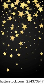 Magic stars vector overlay.  Gold stars scattered around randomly, falling down, floating.  Chaotic dreamy childish overlay template. Vector fairytale  on black background.