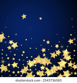 Magic stars vector overlay.  Gold stars scattered around randomly, falling down, floating.  Chaotic dreamy childish overlay template. Magical cartoon night sky on dark blue background.