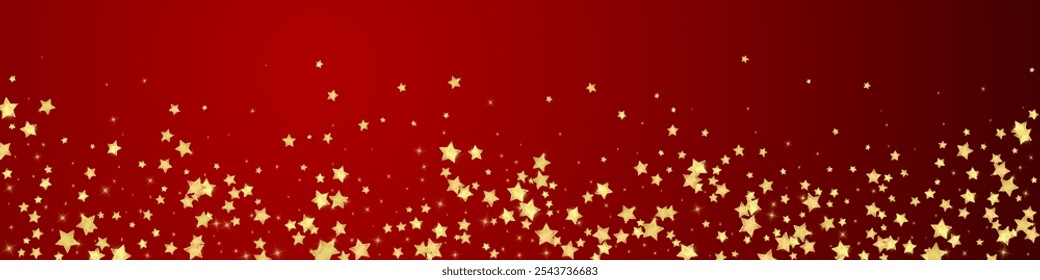 Magic stars vector overlay.  Gold stars scattered around randomly, falling down, floating.  Chaotic dreamy childish overlay template. Vector fairytale  on red background.