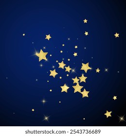 Magic stars vector overlay.  Gold stars scattered around randomly, falling down, floating.  Chaotic dreamy childish overlay template. Enchanting vector with magic stars on dark blue background.