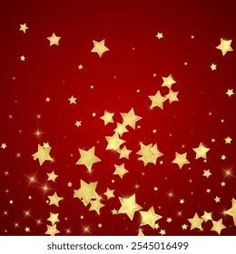 Magic stars vector overlay.  Gold stars scattered around randomly, falling down, floating.  Chaotic dreamy childish overlay template. Enchanting vector with magic stars on red background.