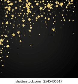 Superposición de Vector de estrellas mágicas.  Estrellas de oro esparcidas al azar, cayendo, flotando.  Caótica Plantilla infantil de ensueño. Milagroso Vector de noche estrellado sobre fondo negro.