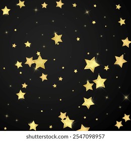 Superposición de Vector de estrellas mágicas.  Estrellas de oro esparcidas al azar, cayendo, flotando.  Caótica Plantilla infantil de ensueño. Cuento de hadas de Vector sobre fondo negro.