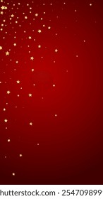 Magic stars vector overlay.  Gold stars scattered around randomly, falling down, floating.  Chaotic dreamy childish overlay template. Magical cartoon night sky on red background.