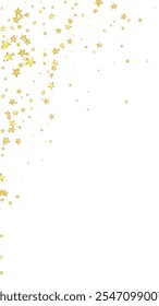 Superposición de Vector de estrellas mágicas.  Estrellas de oro esparcidas al azar, cayendo, flotando.  Caótica Plantilla infantil de ensueño. Milagroso Vector de noche estrellado sobre fondo blanco.