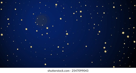 Magic stars vector overlay.  Gold stars scattered around randomly, falling down, floating.  Chaotic dreamy childish overlay template. Vector fairytale  on dark blue background.