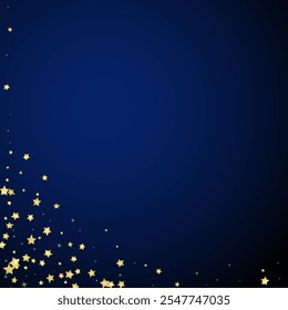 Magic stars vector overlay.  Gold stars scattered around randomly, falling down, floating.  Chaotic dreamy childish overlay template. Enchanting vector with magic stars on dark blue background.