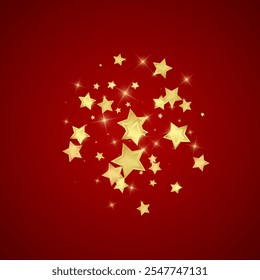 Magic stars vector overlay.  Gold stars scattered around randomly, falling down, floating.  Chaotic dreamy childish overlay template. Vector magic overlay  on red background.