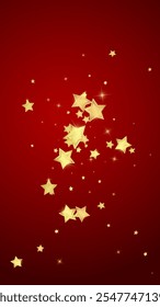 Magic stars vector overlay.  Gold stars scattered around randomly, falling down, floating.  Chaotic dreamy childish overlay template. Miraculous starry night vector  on red background.