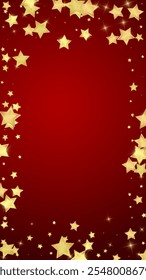Superposición de Vector de estrellas mágicas.  Estrellas de oro esparcidas al azar, cayendo, flotando.  Plantilla infantil de superposición de ensueño caótico. sobre fondo rojo.