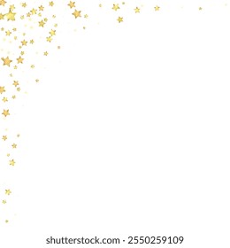 Magic stars vector overlay.  Gold stars scattered around randomly, falling down, floating.  Chaotic dreamy childish overlay template. Enchanting vector with magic stars on white background.