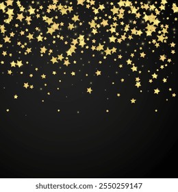 Magic stars vector overlay.  Gold stars scattered around randomly, falling down, floating.  Chaotic dreamy childish overlay template. Magical cartoon night sky on black background.