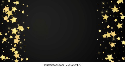 Magic stars vector overlay.  Gold stars scattered around randomly, falling down, floating.  Chaotic dreamy childish overlay template. Enchanting vector with magic stars on black background.