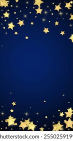 Magic stars vector overlay.  Gold stars scattered around randomly, falling down, floating.  Chaotic dreamy childish overlay template. on dark blue background.