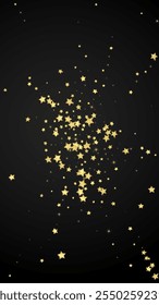 Sobreposição vetorial de estrelas mágicas.  Estrelas de ouro espalhadas aleatoriamente, caindo, flutuando.  Modelo caótico de sobreposição infantil sonhador. Milagroso vetor noturno estrelado em fundo preto.