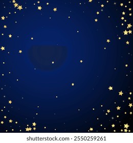 Superposición de Vector de estrellas mágicas.  Estrellas de oro esparcidas al azar, cayendo, flotando.  Caótica Plantilla infantil de ensueño. Cielo nocturno de dibujos animados mágicos sobre fondo azul oscuro.