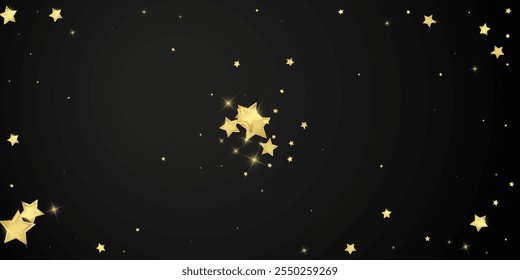 Magic stars vector overlay.  Gold stars scattered around randomly, falling down, floating.  Chaotic dreamy childish overlay template. Enchanting vector with magic stars on black background.