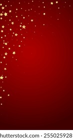 Magic stars vector overlay.  Gold stars scattered around randomly, falling down, floating.  Chaotic dreamy childish overlay template. Vector fairytale  on red background.