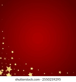 Magic stars vector overlay.  Gold stars scattered around randomly, falling down, floating.  Chaotic dreamy childish overlay template. Magical cartoon night sky on red background.