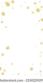 Sobreposição vetorial de estrelas mágicas.  Estrelas de ouro espalhadas aleatoriamente, caindo, flutuando.  Modelo caótico de sobreposição infantil sonhador. Mágico desenho animado céu noturno sobre fundo branco.