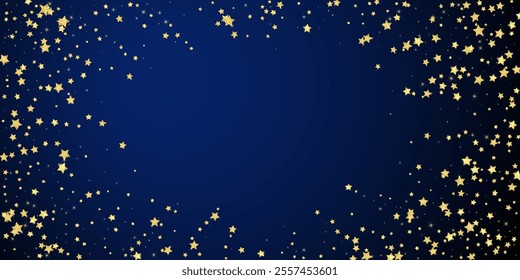 Magic stars vector overlay.  Gold stars scattered around randomly, falling down, floating.  Chaotic dreamy childish overlay template. Vector fairytale  on dark blue background.