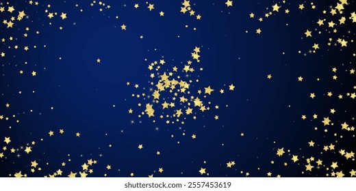 Magic stars vector overlay.  Gold stars scattered around randomly, falling down, floating.  Chaotic dreamy childish overlay template. Vector magic overlay  on dark blue background.