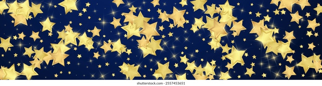 Magic stars vector overlay.  Gold stars scattered around randomly, falling down, floating.  Chaotic dreamy childish overlay template. Enchanting vector with magic stars on dark blue background.