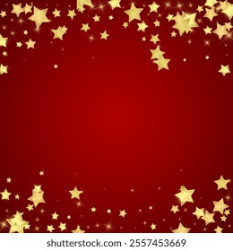 Magic stars vector overlay.  Gold stars scattered around randomly, falling down, floating.  Chaotic dreamy childish overlay template. on red background.