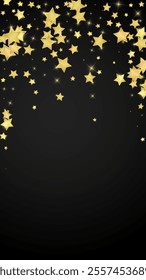 Magic stars vector overlay.  Gold stars scattered around randomly, falling down, floating.  Chaotic dreamy childish overlay template. Vector fairytale  on black background.