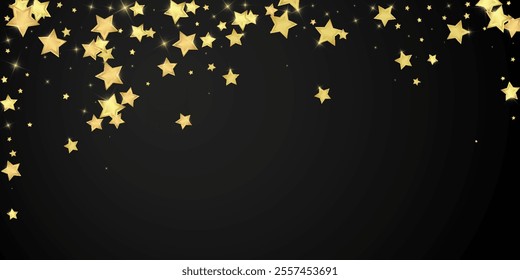 Magic stars vector overlay.  Gold stars scattered around randomly, falling down, floating.  Chaotic dreamy childish overlay template. Vector magic overlay  on black background.