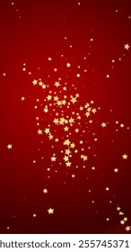 Magic stars vector overlay.  Gold stars scattered around randomly, falling down, floating.  Chaotic dreamy childish overlay template. Enchanting vector with magic stars on red background.