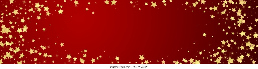 Magic stars vector overlay.  Gold stars scattered around randomly, falling down, floating.  Chaotic dreamy childish overlay template. Vector fairytale  on red background.