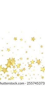 Magic stars vector overlay.  Gold stars scattered around randomly, falling down, floating.  Chaotic dreamy childish overlay template. Enchanting vector with magic stars on white background.