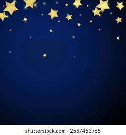 Magic stars vector overlay.  Gold stars scattered around randomly, falling down, floating.  Chaotic dreamy childish overlay template. Magical cartoon night sky on dark blue background.