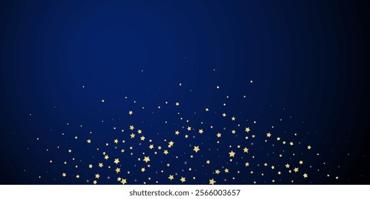 Magic stars vector overlay.  Gold stars scattered around randomly, falling down, floating.  Chaotic dreamy childish overlay template. Enchanting vector with magic stars on dark blue background.