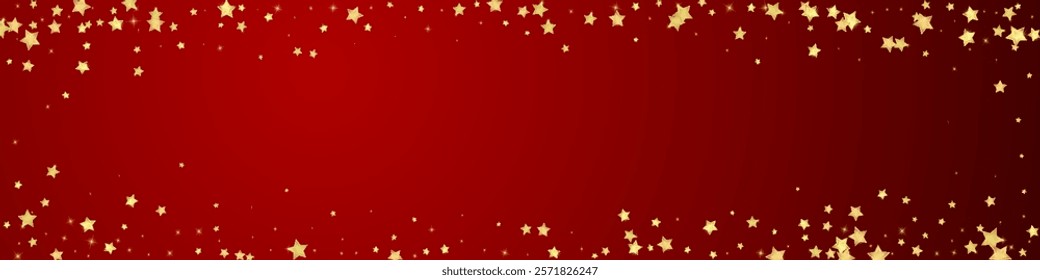 Magic stars vector overlay.  Gold stars scattered around randomly, falling down, floating.  Chaotic dreamy childish overlay template. Enchanting vector with magic stars on red background.