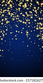 Magic stars vector overlay.  Gold stars scattered around randomly, falling down, floating.  Chaotic dreamy childish overlay template. Vector magic overlay  on dark blue background.
