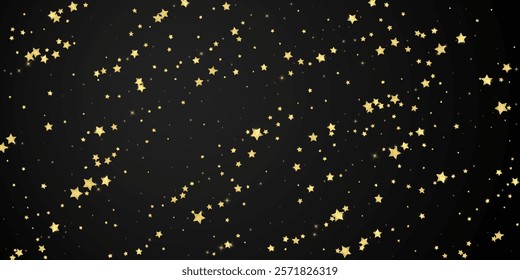 Magic stars vector overlay.  Gold stars scattered around randomly, falling down, floating.  Chaotic dreamy childish overlay template. Vector fairytale  on black background.