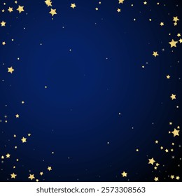 Magic stars vector overlay.  Gold stars scattered around randomly, falling down, floating.  Chaotic dreamy childish overlay template. on dark blue background.