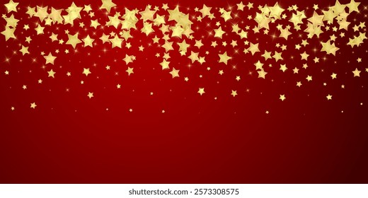 Magic stars vector overlay.  Gold stars scattered around randomly, falling down, floating.  Chaotic dreamy childish overlay template. Magical cartoon night sky on red background.