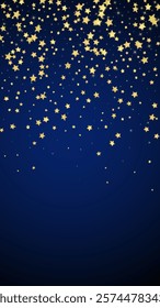 Magic stars vector overlay.  Gold stars scattered around randomly, falling down, floating.  Chaotic dreamy childish overlay template. Vector magic overlay  on dark blue background.