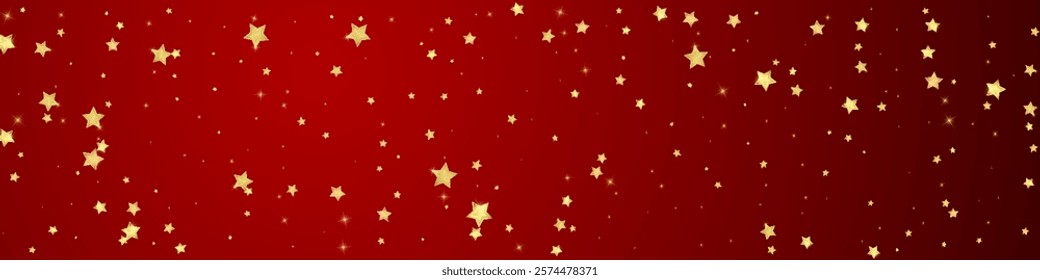 Magic stars vector overlay.  Gold stars scattered around randomly, falling down, floating.  Chaotic dreamy childish overlay template. Vector magic overlay  on red background.