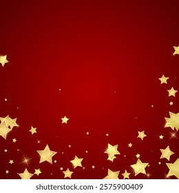 Magic stars vector overlay.  Gold stars scattered around randomly, falling down, floating.  Chaotic dreamy childish overlay template. Miraculous starry night vector  on red background.