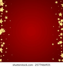 Magic stars vector overlay.  Gold stars scattered around randomly, falling down, floating.  Chaotic dreamy childish overlay template. Magical cartoon night sky on red background.