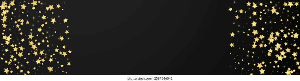 Magic stars vector overlay.  Gold stars scattered around randomly, falling down, floating.  Chaotic dreamy childish overlay template. Vector fairytale  on black background.