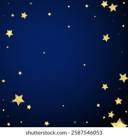 Magic stars vector overlay.  Gold stars scattered around randomly, falling down, floating.  Chaotic dreamy childish overlay template. Miraculous starry night vector  on dark blue background.
