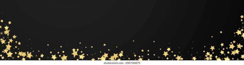 Magic stars vector overlay.  Gold stars scattered around randomly, falling down, floating.  Chaotic dreamy childish overlay template. Vector magic overlay  on black background.