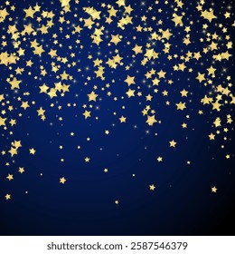 Magic stars vector overlay.  Gold stars scattered around randomly, falling down, floating.  Chaotic dreamy childish overlay template. Miraculous starry night vector  on dark blue background.